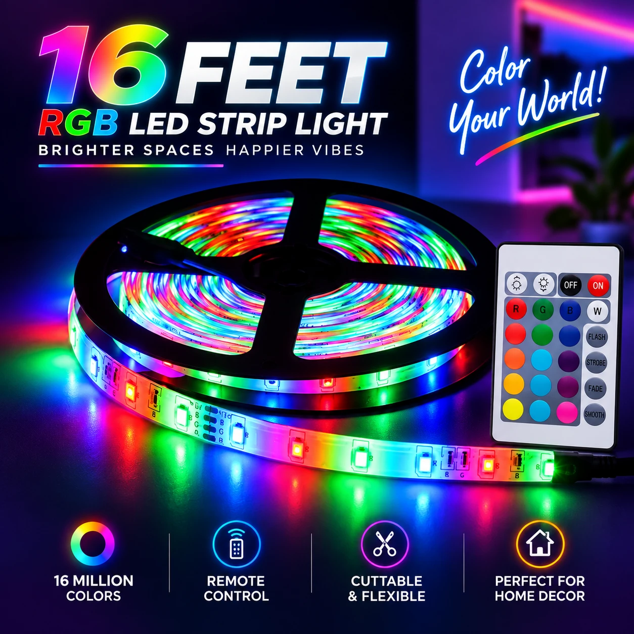 16 Feet RGB Remote Control LED Strip Light